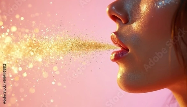 Obraz Close-up of woman face with mouth open, golden glitter flowing out. Pink background, slightly elevated angle, clear view of facial features. Glittering, sparkling effect on soft, delicate skin.
