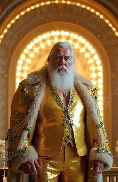 Fototapeta Man stands in front of grand ornate archway. Dressed in vibrant yellow coat with green and gold pattern. Green and gold hat and white beard add to distinguished appearance.