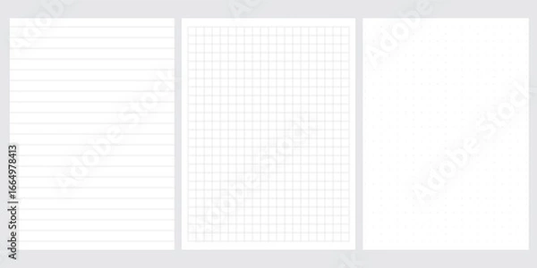 Fototapeta Set of blank sheets of lined, square grid and dotted paper in a5 format. Paper templates for notes, writing, sketching, and journaling. Ideal for school, office and work. Vector illustration
