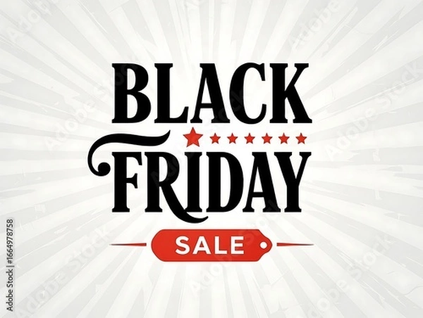 Fototapeta Black friday sale promotional banner with bold typography and star accents on light background perfect for e-commerce marketing, online store advertising and retail shopping campaigns