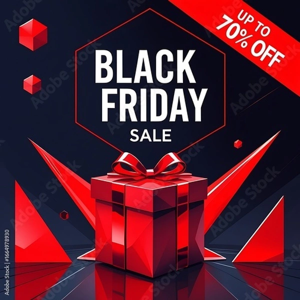 Fototapeta Black friday sale banner with 3d black gift box wrapped in glossy red ribbon, bold discount typography, modern red geometric shapes and dark luxury background highlighting up to 70 percent off retail