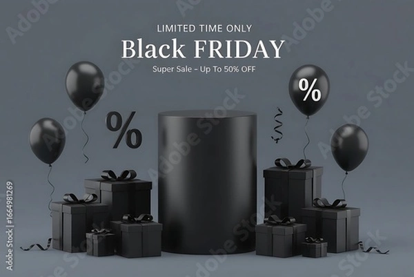 Fototapeta Black friday marketing banner featuring 3d render of black presents, floating balloons, elegant round podium and white background for online shopping, ecommerce design and limited time discount promo
