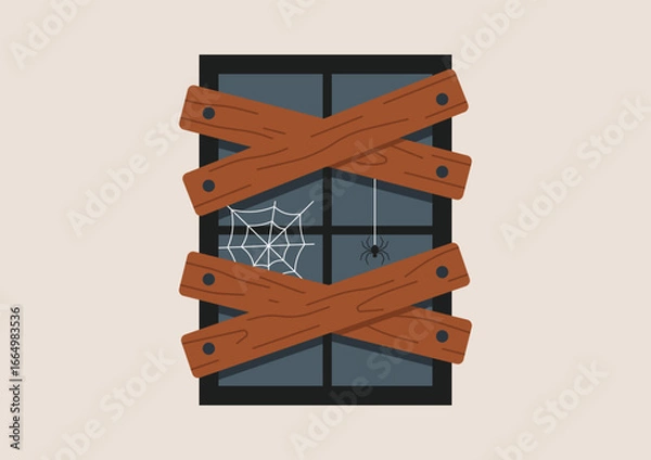 Fototapeta Boarded up window with wooden planks and spiderweb, creepy decoration for haunted house or Halloween night theme. Flat vector illustration