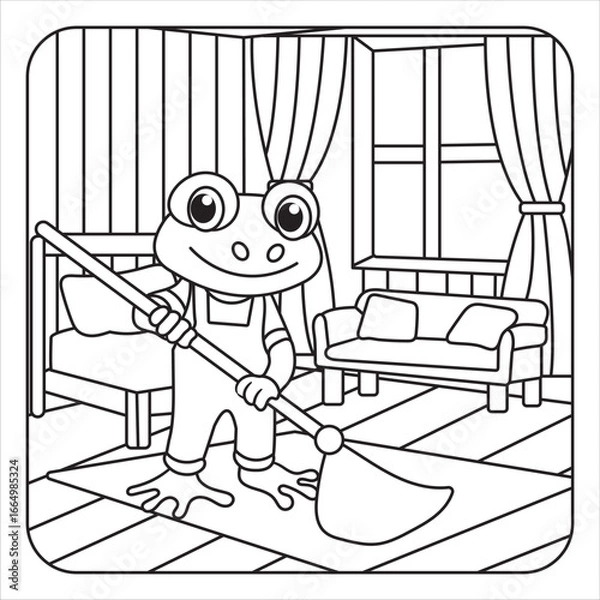Fototapeta Cartoon Frog Cleaning with a Mop