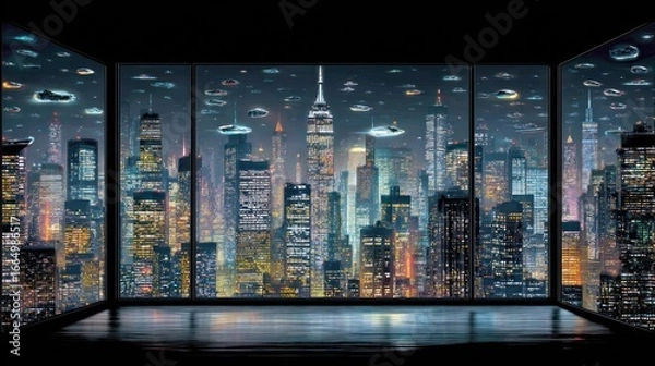 Fototapeta Night city view from a futuristic room