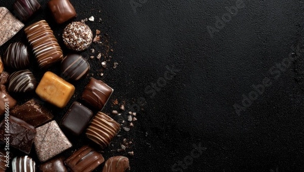 Fototapeta Assorted dark, milk, and caramel chocolates clustered on a dark background, leaving ample space to the right.  Cocoa powder is sprinkled nearby