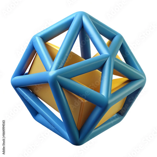 Fototapeta 3D Geometric Shape with Blue Frame and Golden Core Isolated on White Background