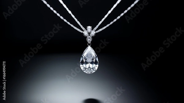 Obraz Stunning teardrop-shaped diamond necklace draped on a black matte mannequin, sharp contrast with the white background, subtle shadows, soft reflections on the metal setting, full frame,