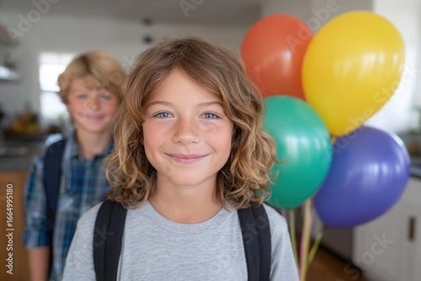 Fototapeta Two joyful children are celebrating indoors with colorful balloons, showcasing happiness and friendship in a cheerful setting.