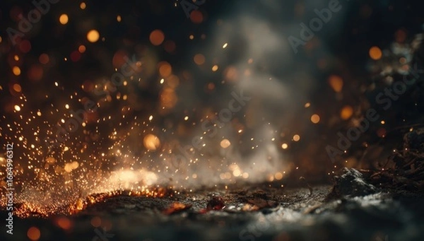 Fototapeta Embers glow, emitting sparks and smoke against a dark, bokeh-filled background; a fiery, atmospheric scene