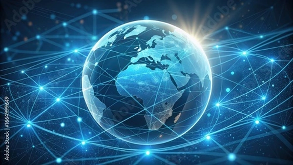 Obraz Glowing blue digital earth globe with interconnected network of bright blue light nodes and lines isolated on transparent background