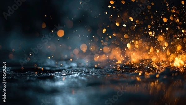 Fototapeta Glowing embers and sparks ascend from a dark, smoky surface, casting a warm, fiery light against a cool, blurry background