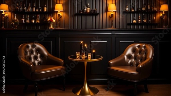 Obraz Cozy luxury lounge bar with golden wall sconces, small round black tables, dark wood chairs with gold frames, soft candlelight on each table, and a bar lined with golden light accents, full frame,