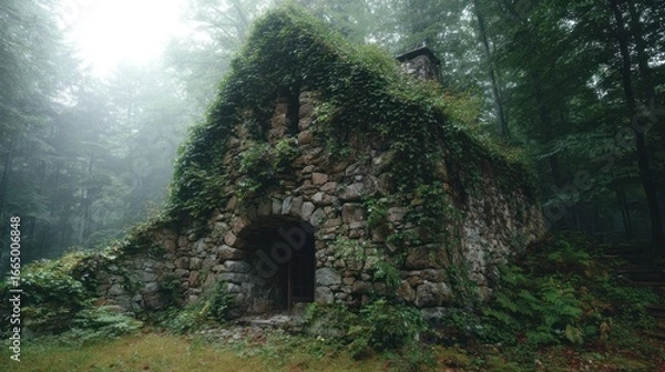 Fototapeta Stone chapel overgrown in misty woods