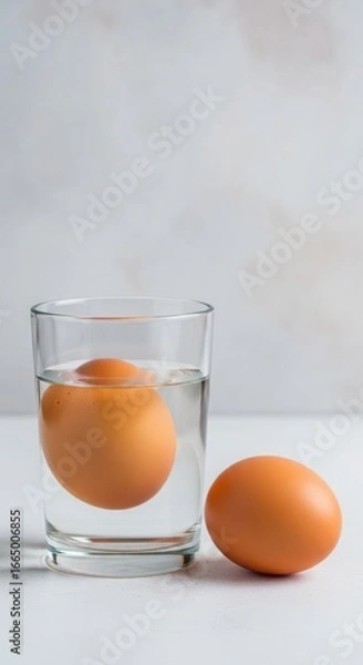 Fototapeta Fresh brown egg floating in a glass of water, isolated on white background