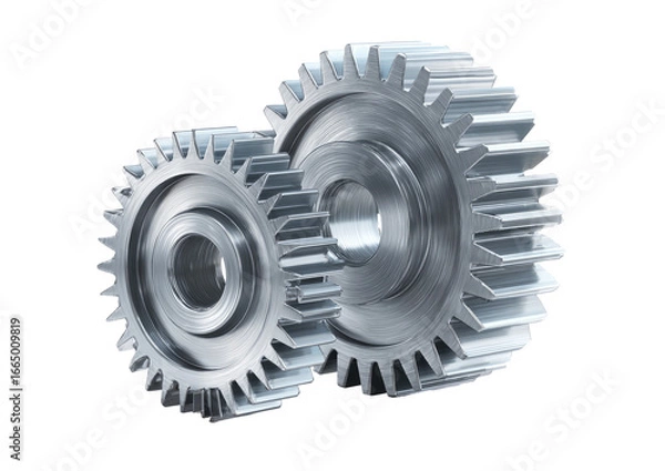 Obraz Two interlocking gears, metallic gray, close-up