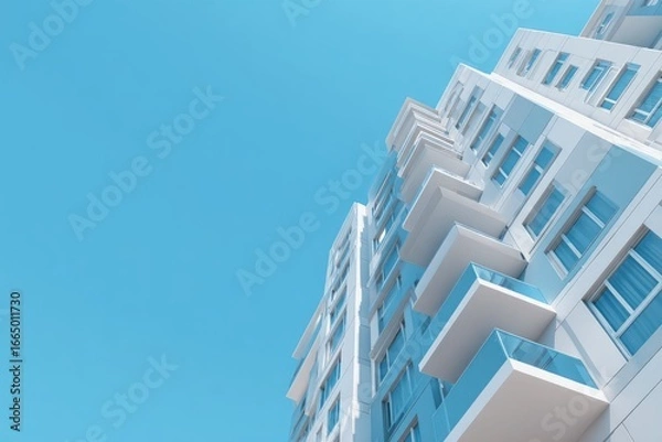 Fototapeta Low-angle view of a modern, multi-story residential building with glass balconies against a clear, bright blue sky