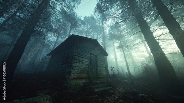 Fototapeta Misty forest cabin