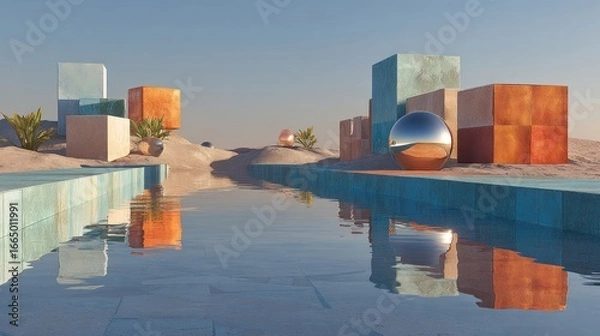 Fototapeta Desert oasis with colorful blocks and a still pool