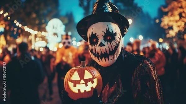 Fototapeta A person in a creepy mask holds a carved pumpkin, surrounded by a crowd at night.