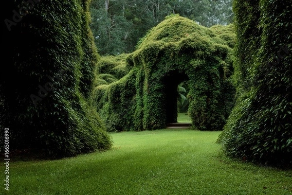 Fototapeta Lush green vines form an archway and pillars, leading to a grassy path in a shadowed, tranquil garden