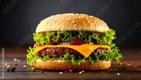 Fototapeta Juicy Cheeseburger on Wooden Table.