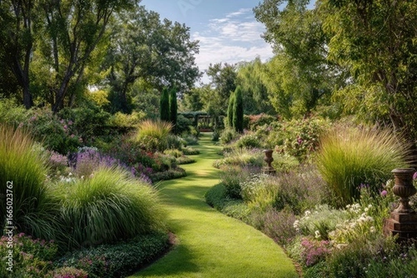 Fototapeta Serpentine lawn path winds through a lush, vibrant garden bursting with flowering plants, ornamental grasses, and mature trees under a clear sky