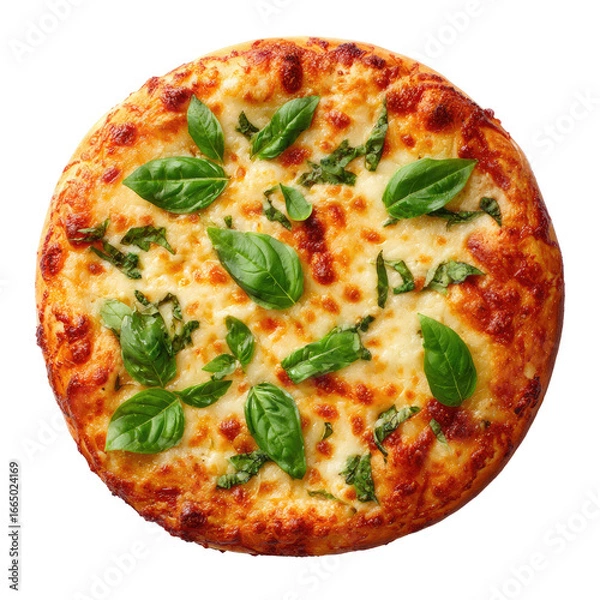 Fototapeta A round pizza topped with melted cheese and fresh basil (1)