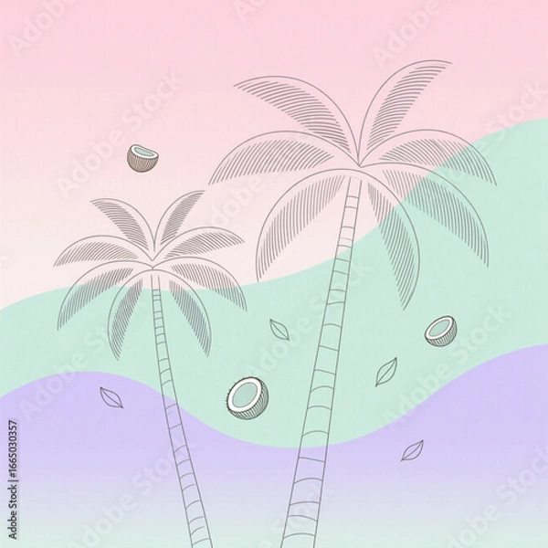 Obraz A serene, pastel-colored tropical scene featuring stylized palm trees and floating coconuts against soft gradient hills