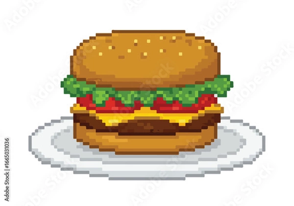 Fototapeta 8-bit hamburger on plate, isolated, use in a video game or retro-themed menu