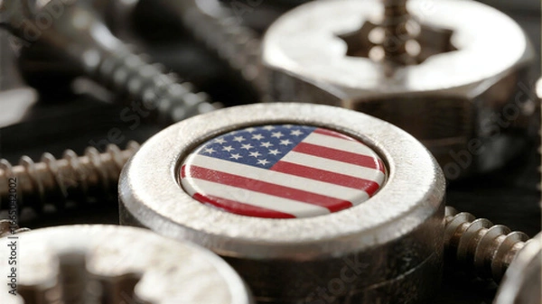 Fototapeta Celebrate American Ingenuity with a Detailed Close-up of Nuts, Bolts, and the Stars & Stripes - Perfect for Patriotic Projects, Engineering Themes, or Industrial Designs