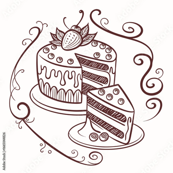 Fototapeta Vector Vintage Hand-Drawn Birthday Cake with Candles in Retro Engraved Sketch Style