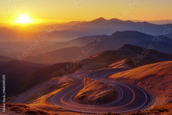 Fototapeta Winding road curves under a vibrant sunset in the mountains Generative AI
