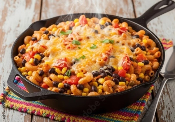 Fototapeta Onepot pasta with cheese, corn, tomatoes, and black beans in a cast iron skillet