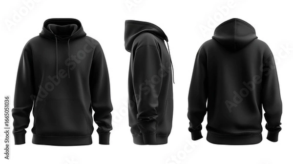Fototapeta Mock-up template black clothing hoodie. Front view side view back view. Apparel design and product mockup