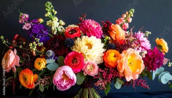 Fototapeta A vibrant bouquet of colorful flowers displays a spectrum of hues, from deep purples and reds to sunny yellows and pinks, arranged artfully against a dark background.