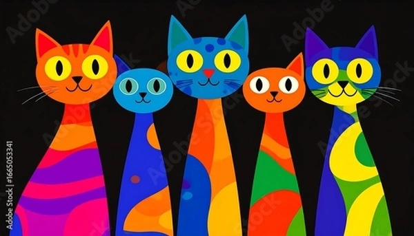 Fototapeta Five stylized cats in vibrant colors stand out against a dark background, showcasing a playful and colorful design.
