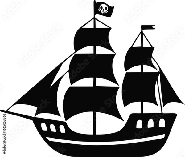 Obraz Black silhouette of a pirate ship with skull flag sailing ship skull and crossbones flag