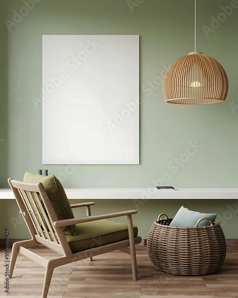 Fototapeta Modern living room mockup featuring wooden armchair and basket with a blank canvas and abstract art on a sage green wall