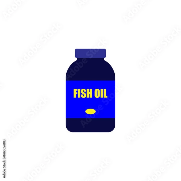 Fototapeta Fish oil logo icon sign. Omega-3 nutrition capsules in a bottle emblem. Fatty liquid of cod-liver extract, supplement. Organic vitamin essential in package. Vintage 80s 90s 00s old simple design
