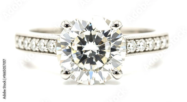 Obraz A stunning round brilliant cut diamond engagement ring with a platinum band, showcasing its exceptional clarity and sparkle, isolated