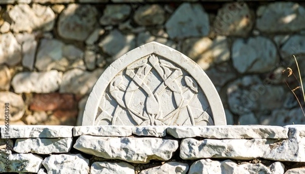 Fototapeta Ornate, light-colored stone carving, set against a textured stone wall, displays intricate designs and reveals a sense of history.