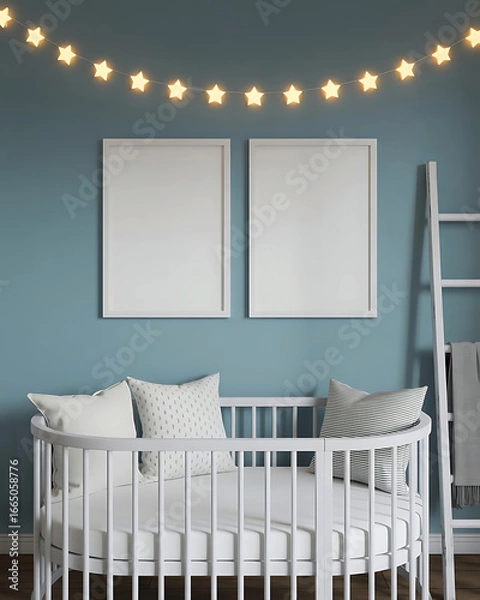 Fototapeta Cozy nursery mockup featuring a white crib with pillows and two blank frames above a blue wall with festive string lights