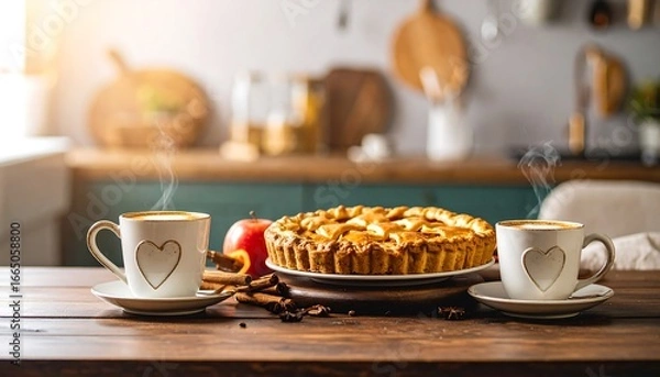 Fototapeta Cozy autumnal scene featuring a warm  pie and steaming cups of coffee on a wooden table in a kitchen setting.