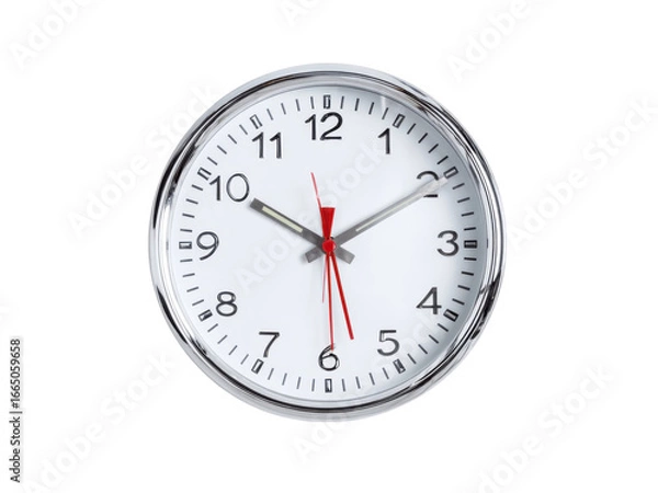 Fototapeta Silver Bezel Round Wall Clock with Red Second Hand on Black Background time timepiece, Isolated, Png Transparent Background