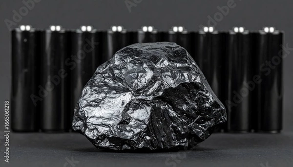 Fototapeta A substantial piece of coal sits prominently in the foreground, with several batteries in the background, creating a striking contrast.