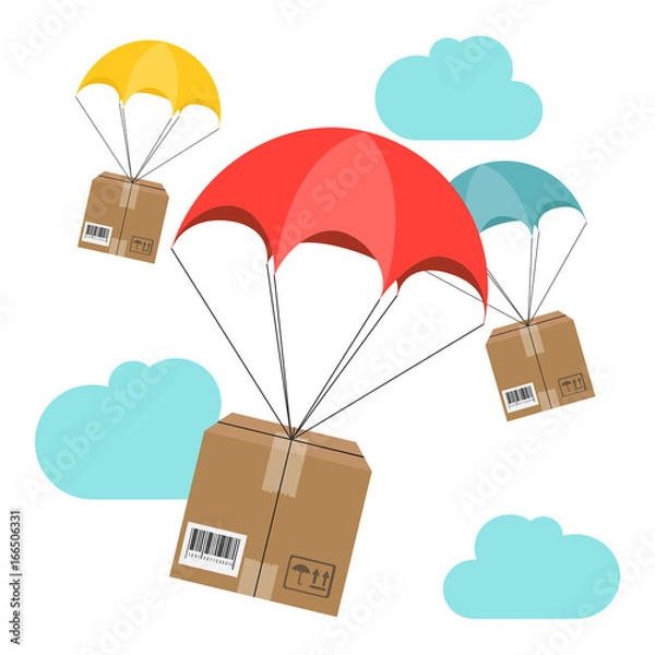 Fototapeta Delivery service. Parachute with parcel in the sky. Shipping, delivery concept. Flat design. Vector illustration
