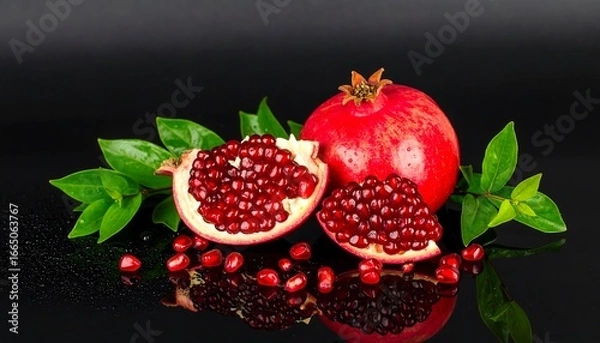 Fototapeta A vibrant pomegranate, halved and showing its ruby-red seeds, rests amongst lush green leaves on a dark surface.