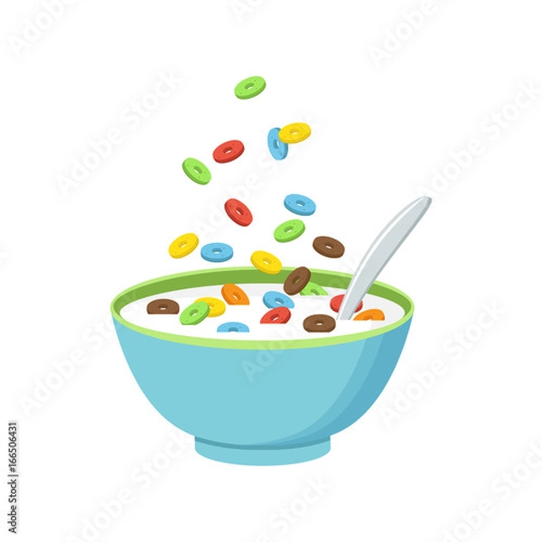 Obraz Cereal bowl with milk, smoothie isolated on white background. Concept of healthy and wholesome breakfast. Vector illustration