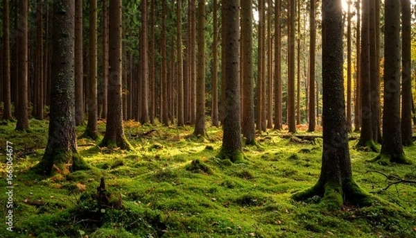 Fototapeta Sunlight filters through a dense forest, illuminating a carpet of vibrant moss beneath tall, slender trees.